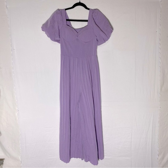 Pants - Women’s Lilac Purple Wide Pleated Leg Jumpsuit With Puff Sleeves S